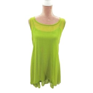 Vibrant Green Sheer Silk Layered Sleeveless High Low Lace Trim Dress